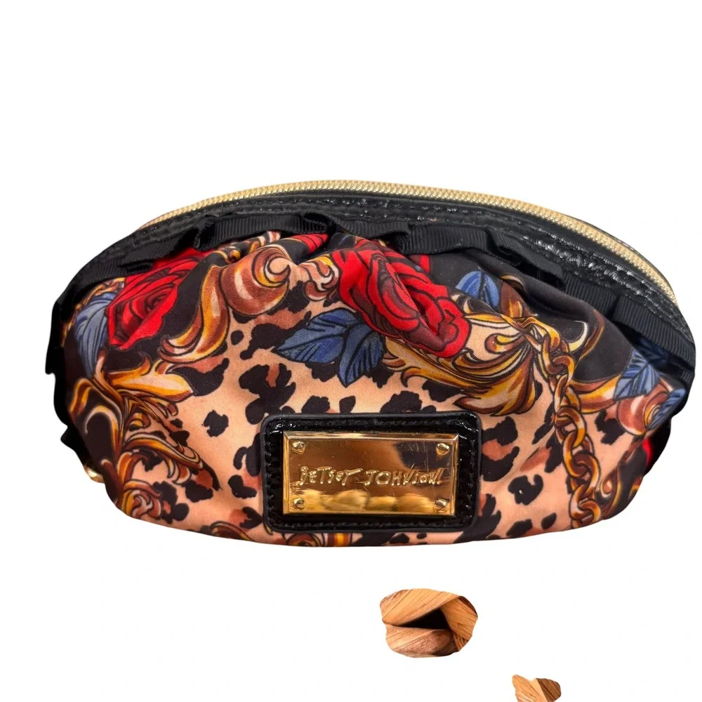 Betsey Johnson 2pc Cosmetic Bag Set Floral Leopard Ruffle Black Red Gold Rose